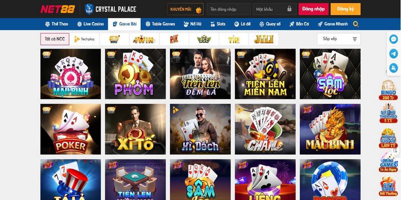 NET88 có sảnh game Hitclub, Sunwin, Rik, B52, Iwin. 789club