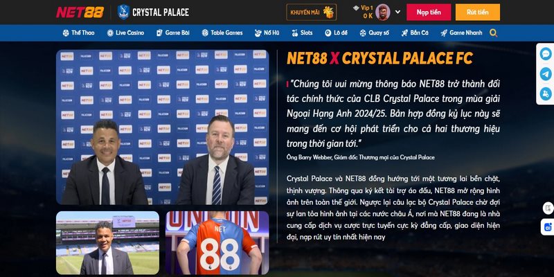 NET88 là nhà tài trợ chính thức của Crystal Palace trong 2 năm