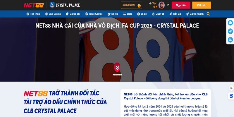 Thỏa thuận hợp tác giữa NET88 và Crystal Palace