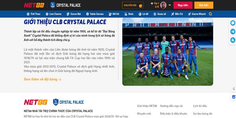Mục tiêu chiến lược khi NET88 tài trợ cho Crystal Palace