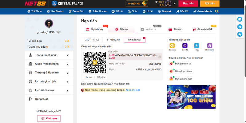Nạp tiền BNB, USDT, ETH trên Net88.