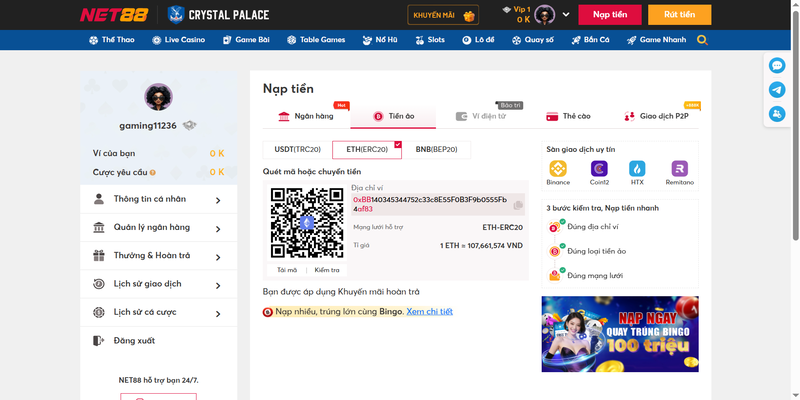 Nạp tiền Net88 bằng tiền ảo đơn giản. 