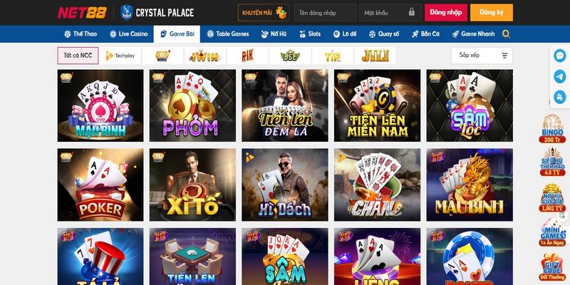 Sảnh game bài NET88 sở hữu nhiều trò chơi kinh điển